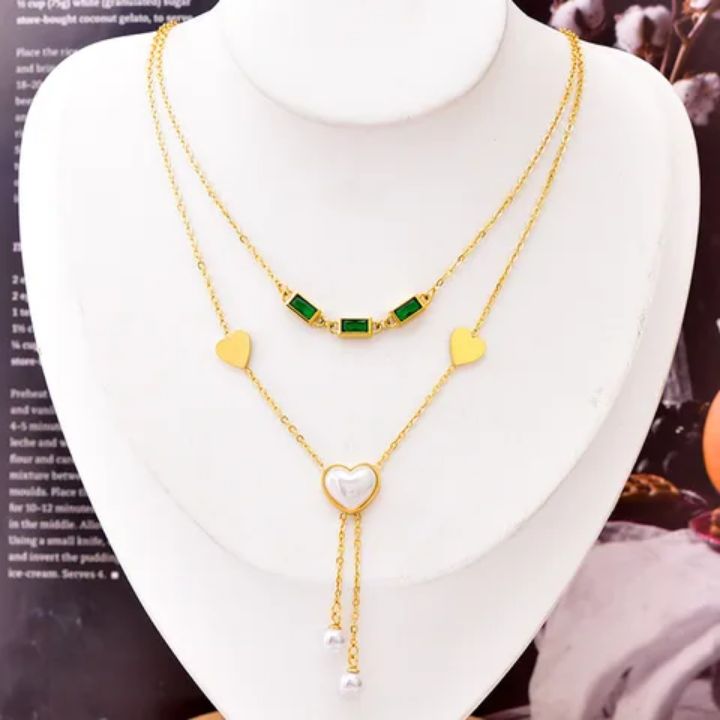 Double Collier Coeur Cristal  vert émeraude en acier inoxydable doré à l&#39;or fin 18 carats