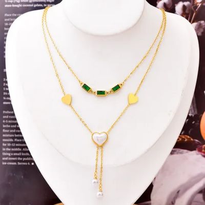 Double Collier Coeur Cristal  vert émeraude en acier inoxydable doré à l&#39;or fin 18 carats