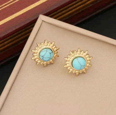 Boucles d&#39;Oreille Pierre bleu opale en acier inoxydable dorées à l&#39;or fin 18 carats