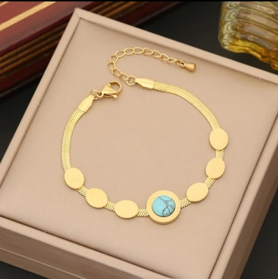 Bracelet Pierre bleu opale en acier inoxydable dorées à l&#39;or fin 18 carats