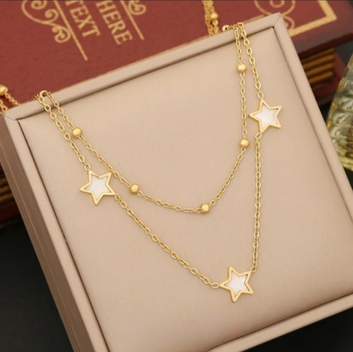 Chevillère Etoile double rang en acier inoxydable dorée à l&#39;or fin 18 carats