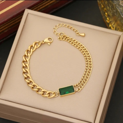 Bracelet cristal vert émeraude en acier inoxydable doré à l&#39;or fin 18 carats