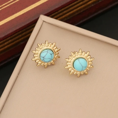 Boucles d&#39;Oreille Pierre bleu opale en acier inoxydable dorées à l&#39;or fin 18 carats