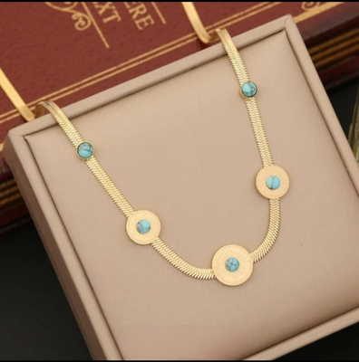 Collier Pierres bleu opale en acier inoxydable doré à l&#39;or fin 18 carats
