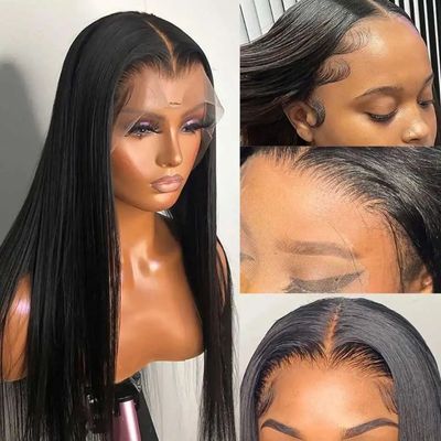 Perruque lisse coupe carré Bob vrais cheveux humains Remy 12A Dentelle Frontale transparente 13&quot;x4&quot; Densité 150% longueur 12&quot;