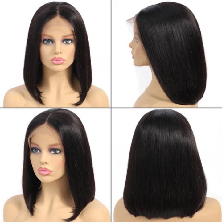 Perruque lisse coupe carré Bob vrais cheveux humains Remy 12A Dentelle Frontale transparente 13&quot;x4&quot; Densité 150% longueur 8&quot;