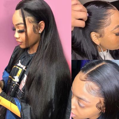 Perruque lisse coupe carré Bob vrais cheveux humains Remy 12A Dentelle Frontale transparente 13&quot;x4&quot; Densité 150% longueur 14&quot;