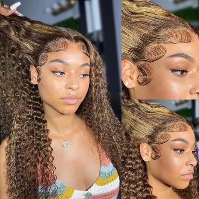 Perruque Highlight Kinky Curly vrais cheveux humains Remy 12A Dentelle Frontale transparente 13&quot;x4&quot; Densité 150% longueur 16&quot;