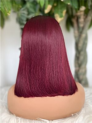 Perruque Rouge Bordeaux 99J Lisse vrais cheveux humains Remy 12A Dentelle Frontale transparente 13&quot;x4&quot; Densité 150% longueur 14&quot;