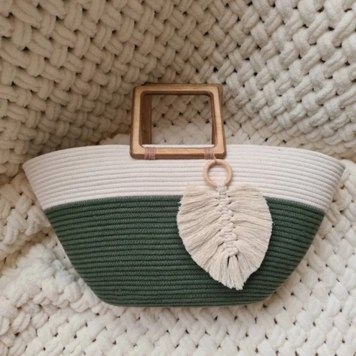 Sac à main Fourre-tout, vert et blanc en Cordes de coton Fait main