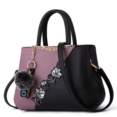 Sac à main Fourre-tout, Sac à bandoulière floral avec pompon en Cuir PU de haute qualité