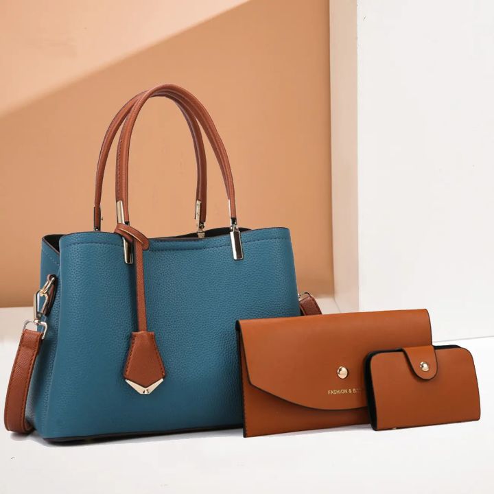 Lot de 3 pièces de sacs à main élégants dames: sac fourre-tout, pochette et porte-monnaie, en Cuir PU de haute qualité