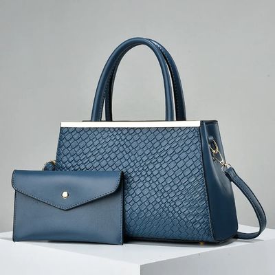 Ensemble  2 pièces de sac à main dame  vintage, élégant, à relief tissé: sac fourre-tout et pochette  en Cuir PU de haute qualité