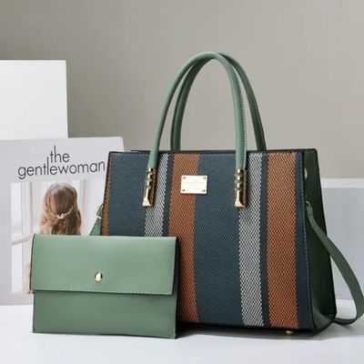 Ensemble 2 pièces, sac à main messager rayé à bandoulière et pochette en Cuir PU de haute qualité et toile