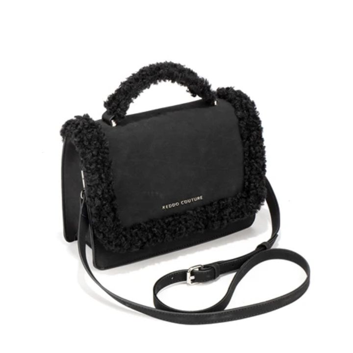 Sac à main noir à bandoulière en cuir PU de haute qualité avec fourrure synthétique pour dames