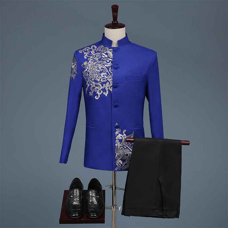 Traditional Chinese Jacket Groom Tang Vintage Clothing Wedding Men Blue Coat Embroidery Zhongshan Blazer