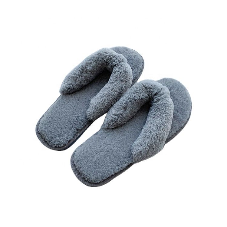 Plush Flip Flops for Women Leisure Comfortable Grey slippers for Men with Toe Luxury Bed slippers Furry for Ladies