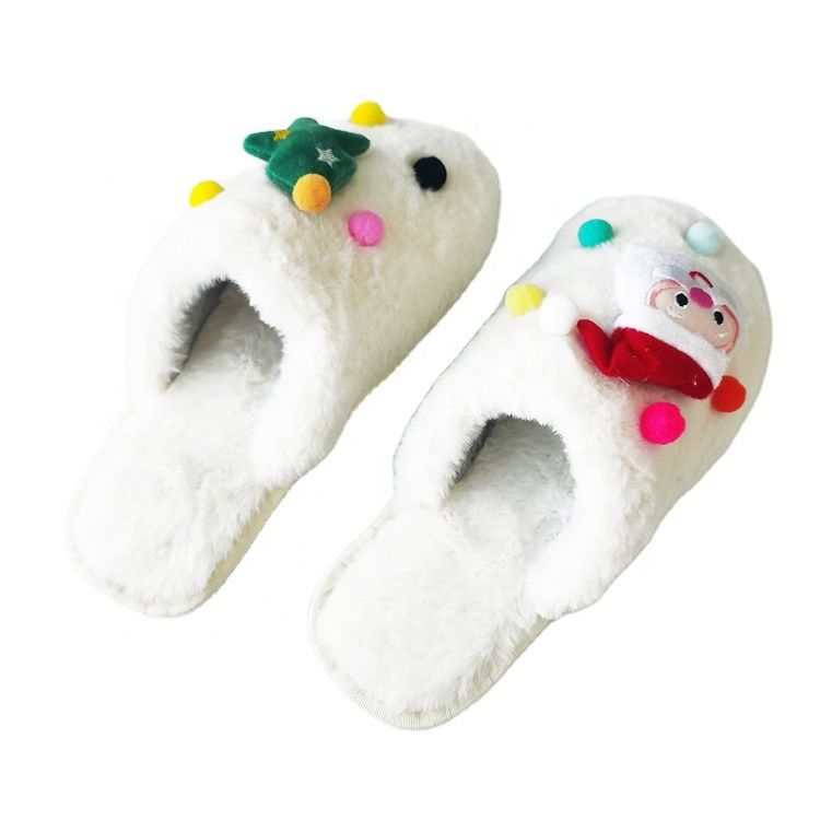 Winter Hot Sale Women White Furry Shoes Indoor Outdoor Christmas slippers Non-slip Warm Plush Cotton slippers Shoes