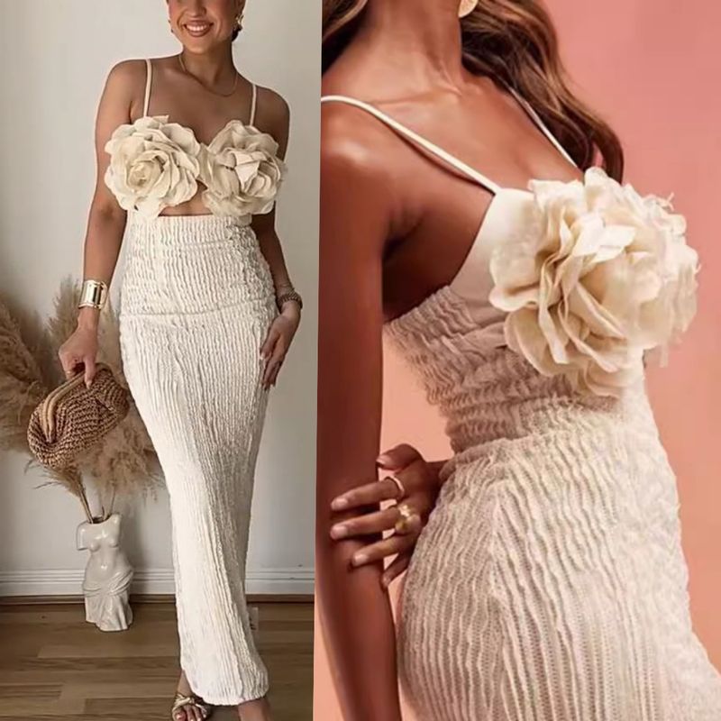 New Arrival Summer Spaghetti Strap Sleeveless 3d Unique Flower Hollow Evening Long Dress Women Elegant Party Sexy Dresses