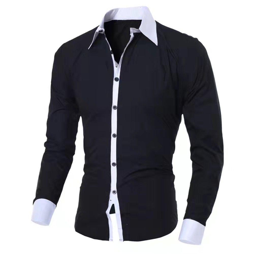 New Men's Slim-fit Casual Contrast Square Collar Long-sleeved Fashionable Shirt  Contrast Collar Casual Shirt