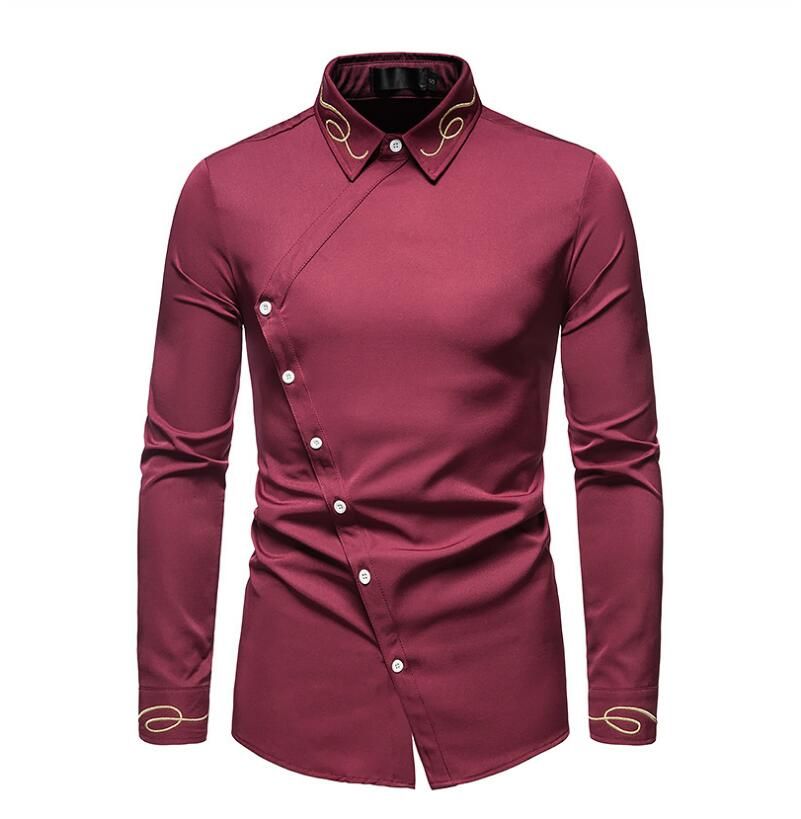 Vintage Shirts Casual Men Button Irregular Breasted Fashion Men Long Sleeve Male Slim Fit Shirt Asia Size