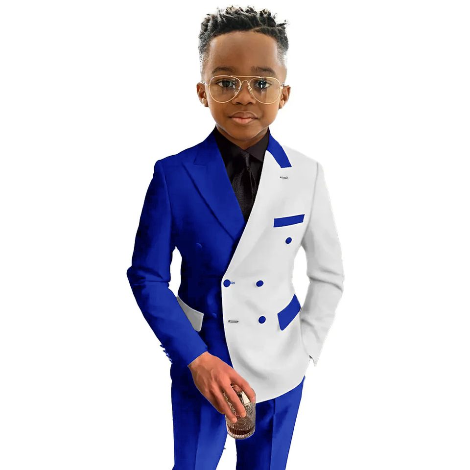 Customizable White Royal Blue Boys Formal Suit 2-Piece Set for Kids 3-16 Years Old Fashionable Double Breasted Blazer for Parties &amp; Weddings