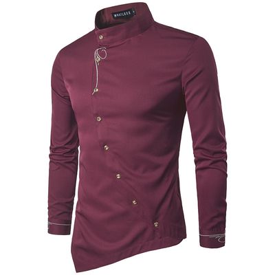 Men Stand Collar Shirts Embroidery Oblique Placket Design New Fashion Long Sleeve Court Style Men's Casual Shirt