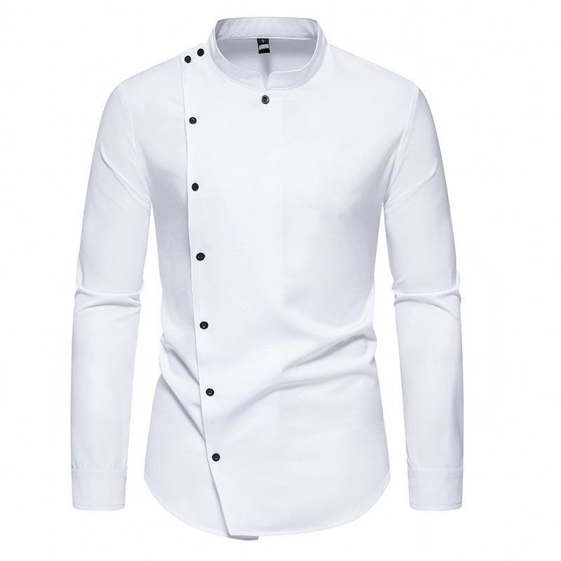 New Men Long Sleeve Mandarin Collar Solid Color Button Casual Shirts European Slanted Single Breasted Long Sleeve Dress Shirt