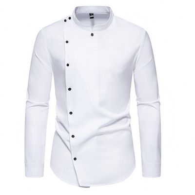 New Men Long Sleeve Mandarin Collar Solid Color Button Casual Shirts European Slanted Single Breasted Long Sleeve Dress Shirt