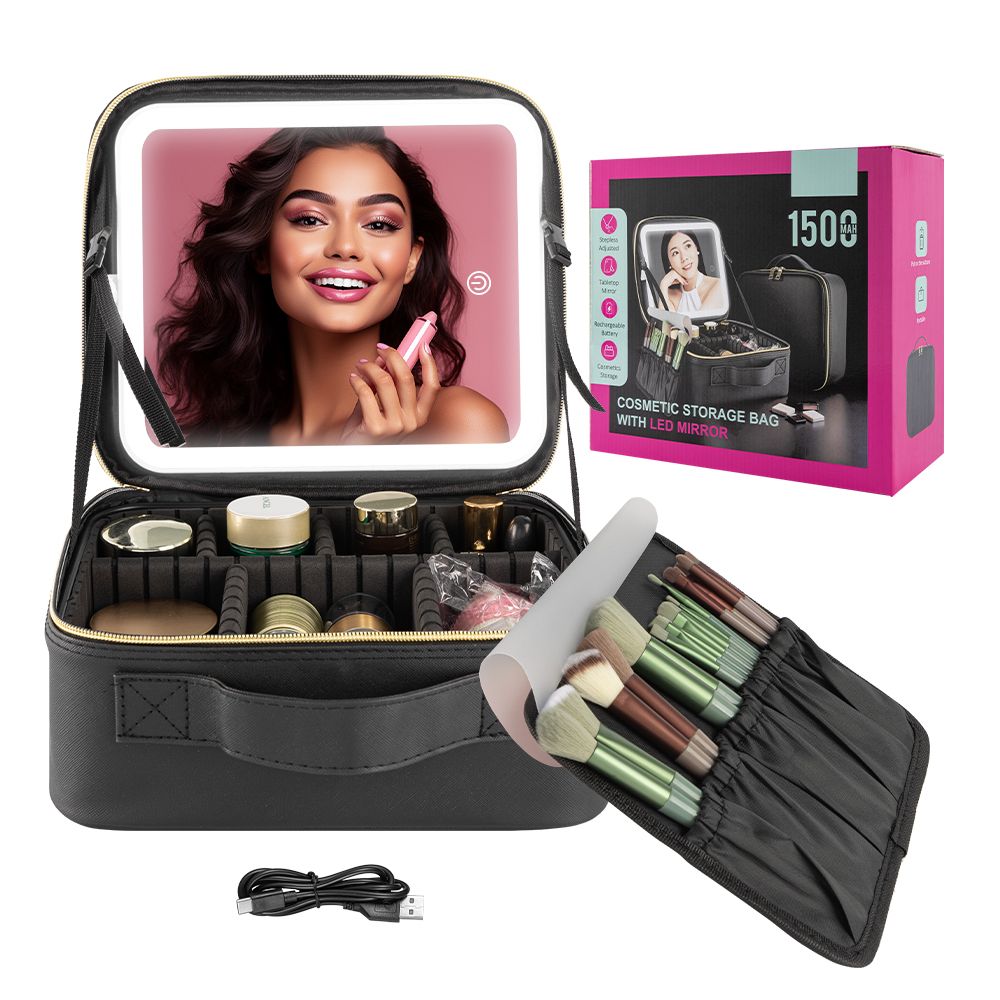 Portable Led Desk Storage Cosmetic Mirror Organize Handle Cosmetic Bag Makeup Bag With Led Light