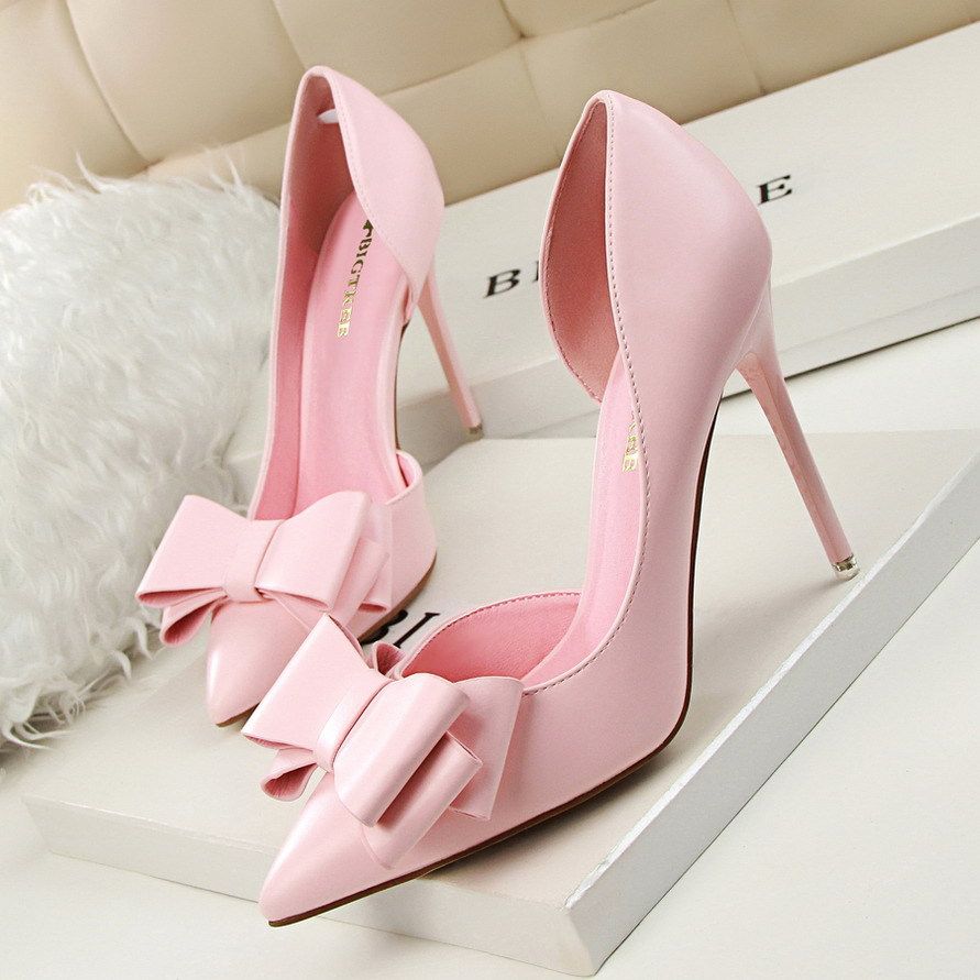 High Quality High Heels Shoes for Women Sweet Bow Tie Shallow Out Pointed Toe Women Pumps Shoes Stiletto Heels for Ladies