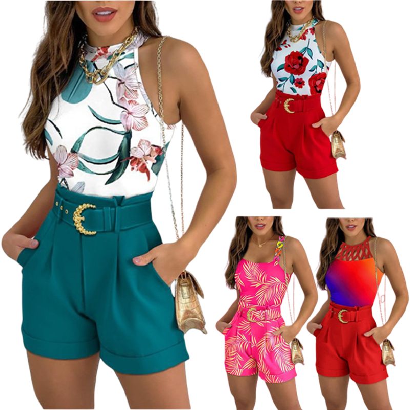 Trendy Two Piece Set Women Clothing Hollow Out Vest Print 2 Piece Short Set Women Summer Outfits for Women With Belt