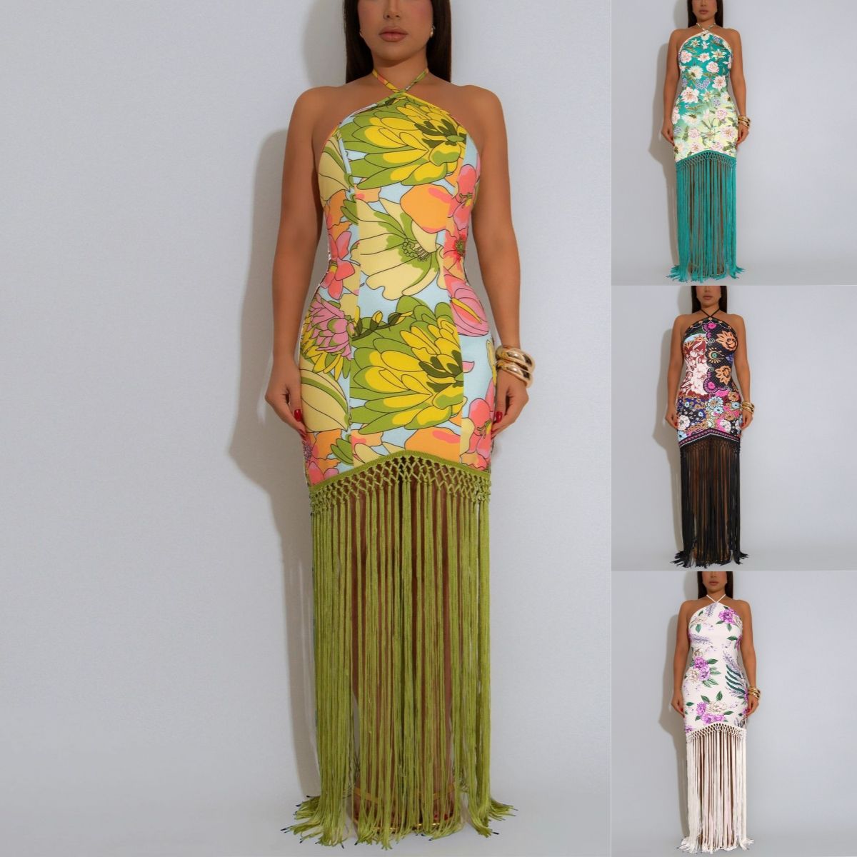 Chic Design Summer Clothing Boutique Sleeveless Halter Party Long Dress Elegant Printed Sexy Tassel Maxi Dresses