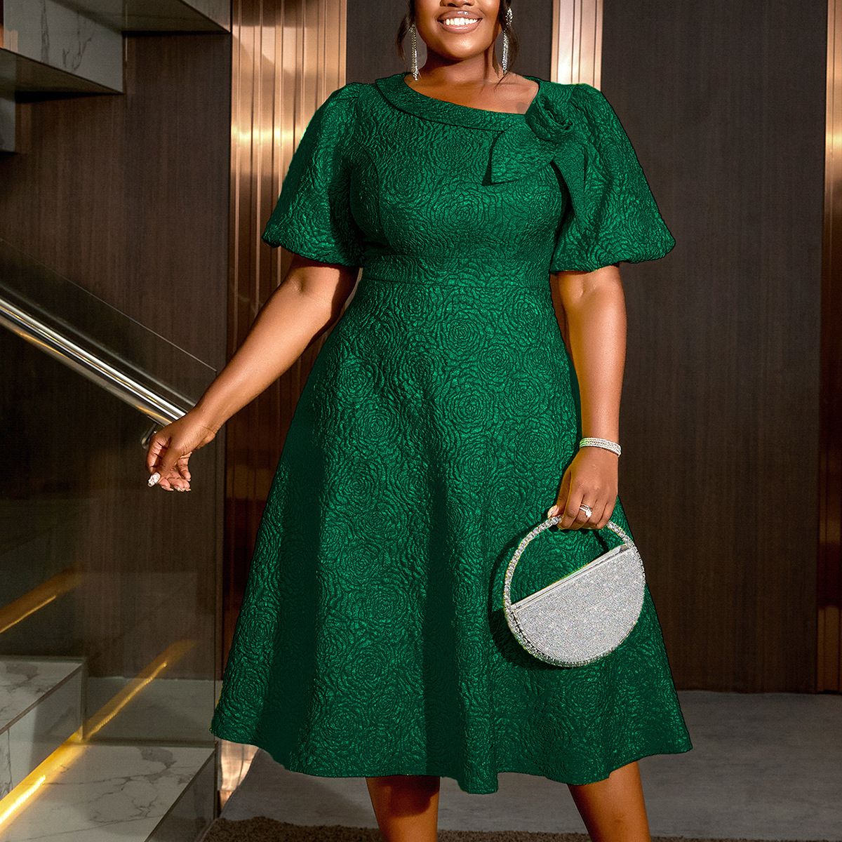 New Fashion Summer Dress Solid Color High Waist Puff Short Sleeve Plus Size A-Line Women's Dress