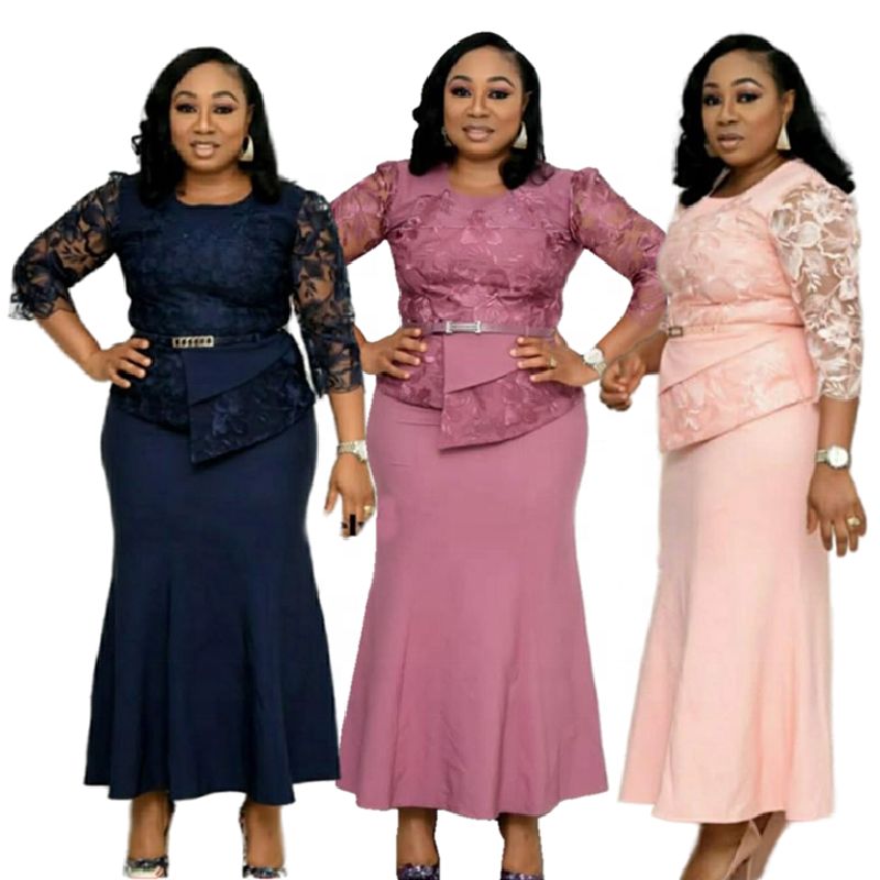 Turkey African Women Clothes Plus Size Dresses Three Quarter Sleeve Lace Church Dresses  for Women With Belt
