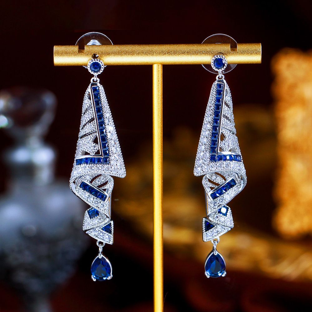 Glamorous Blue Cubic Zirconia Wedding Party Super Luxury Long Dangle Drop Earrings for Women Jewelry