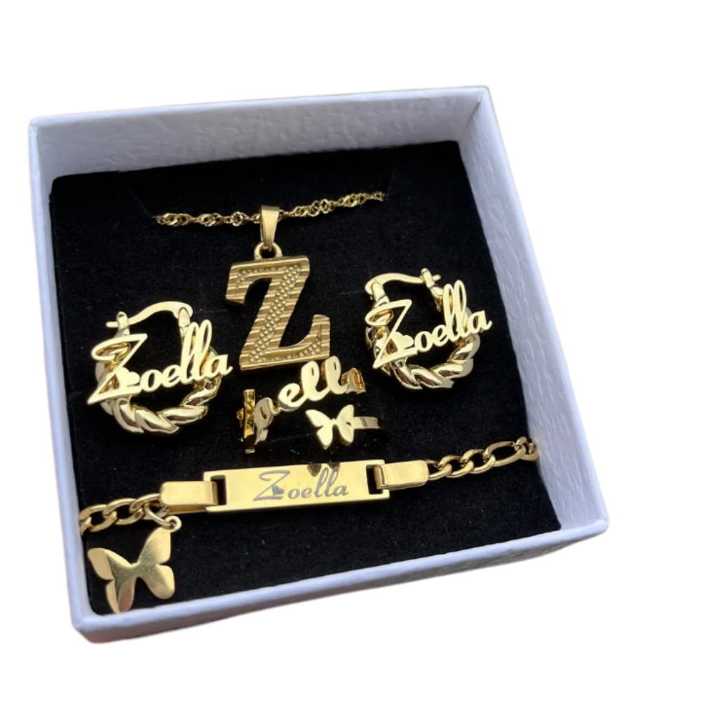 Customized Jewelry set 18k-Gold-plated Stainless Steel 18mm Hoops Cuff Earrings Necklace Bracelet and ring set with Initial A-Z Letters for Kids and Women Custom Butterfly - Secure Snap Bar Closure