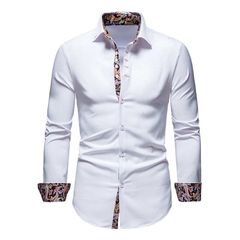 Men Court Style Shirt Formal Button Youth Matching Floral Long Sleeve Lapel Collar Casual Shirt