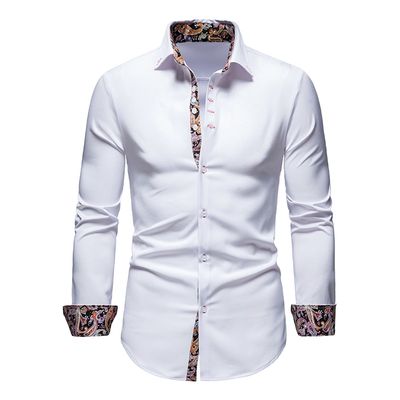 Men Court Style Shirt Formal Button Youth Matching Floral Long Sleeve Lapel Collar Casual Shirt