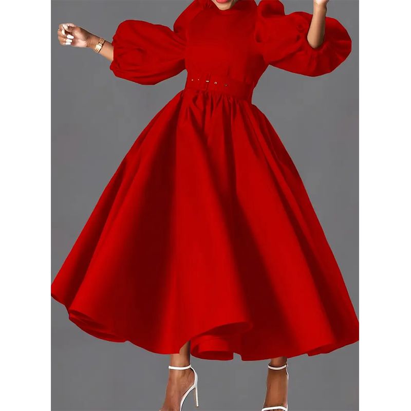 Latest Design Elegant Big Hem Dresses Women Casual A-Line Dress Ladies Office Dress with Pocket Belt