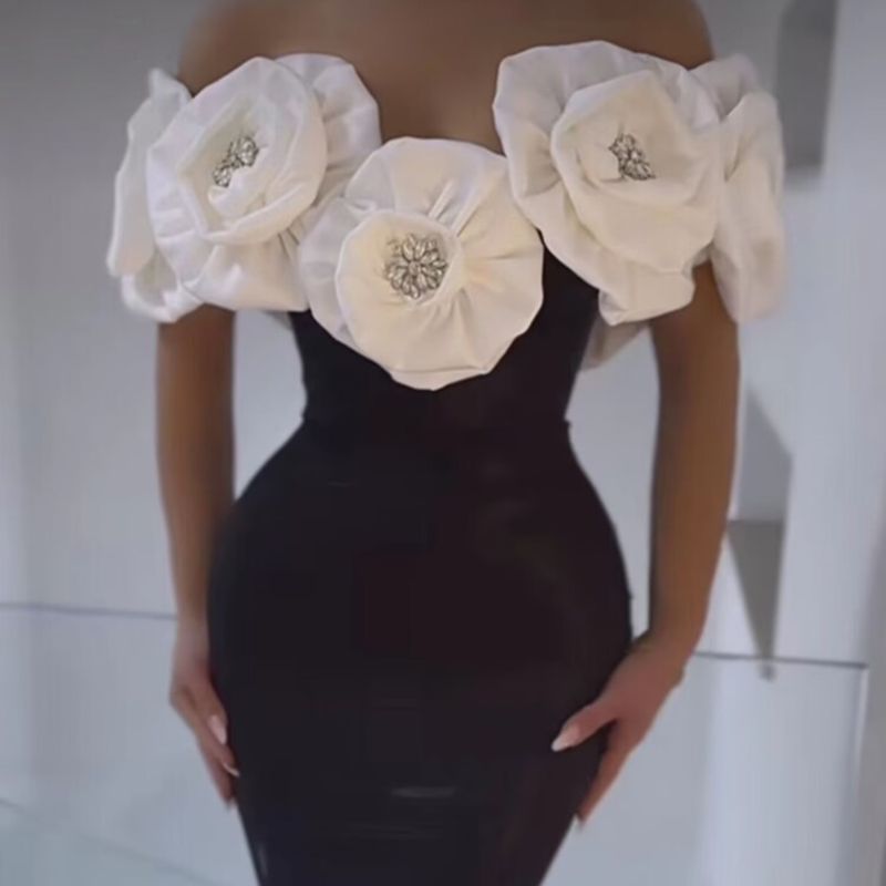 High Quality Luxury Long Evening Dresses White Large 3D Flowers Strapless Bodycon Elegant Para Mujeres Bandage Dress