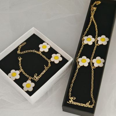 Personalized Name Bracelet Nameplate Pendant Stainless Steel Necklace Cute Set Pink White Flower Charm Jewelry