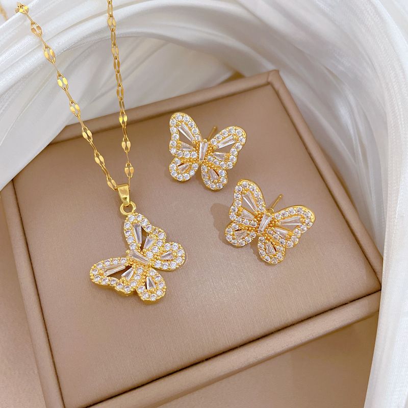 Luxury Butterfly Shape Jewelry Set Shiny Diamond Pendant Earrings Necklace 18K Gold Plated Stainless Steel Design Necklace Women