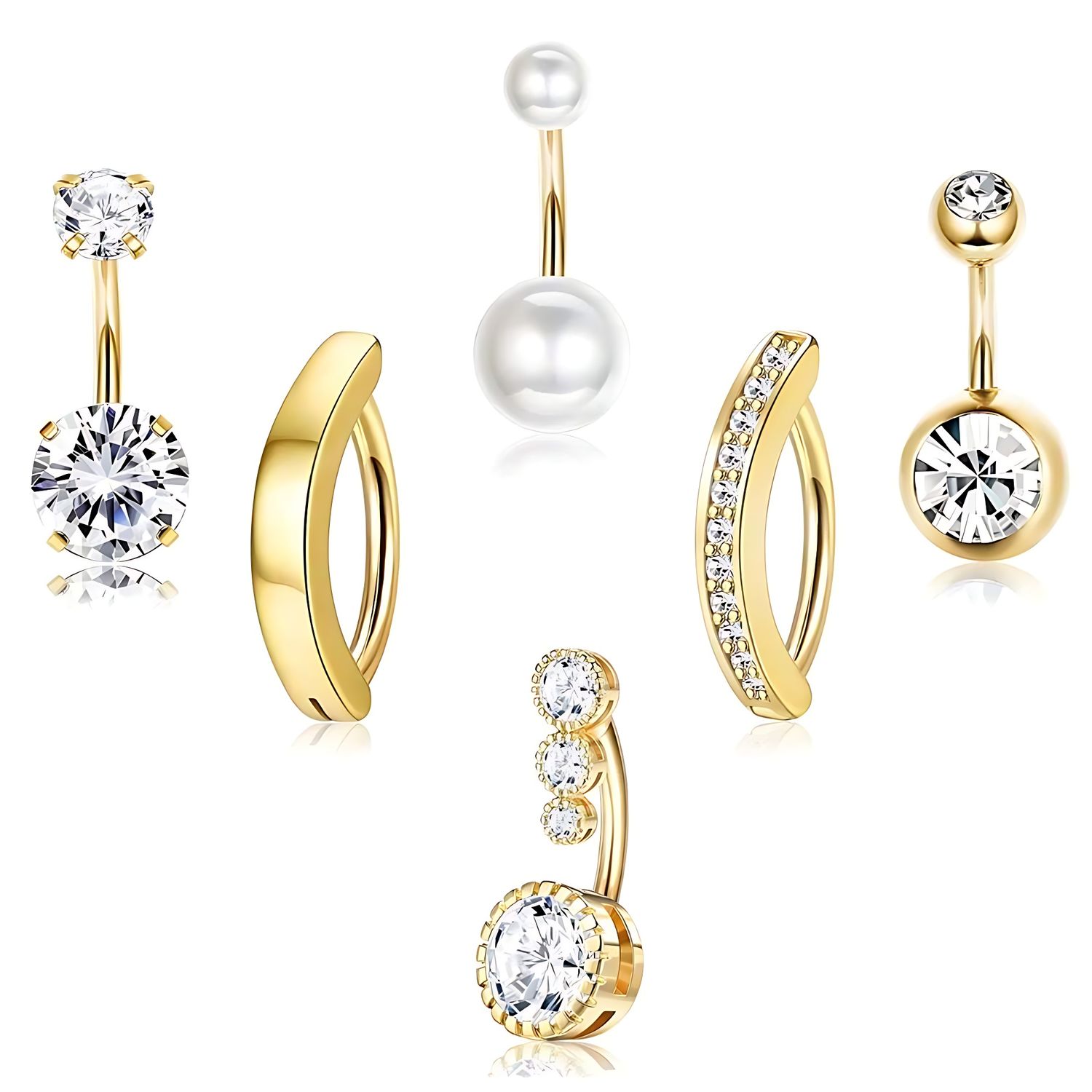 6pcs/Set 316L Stainless Steel Short Belly Button Rings Sexy Synthetic Pearls Navel  Ring Piercing Jewelry Gold  Flower Belly Bar