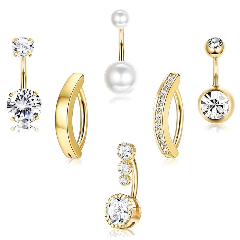6pcs/Set 316L Stainless Steel Short Belly Button Rings Sexy Synthetic Pearls Navel  Ring Piercing Jewelry Gold  Flower Belly Bar