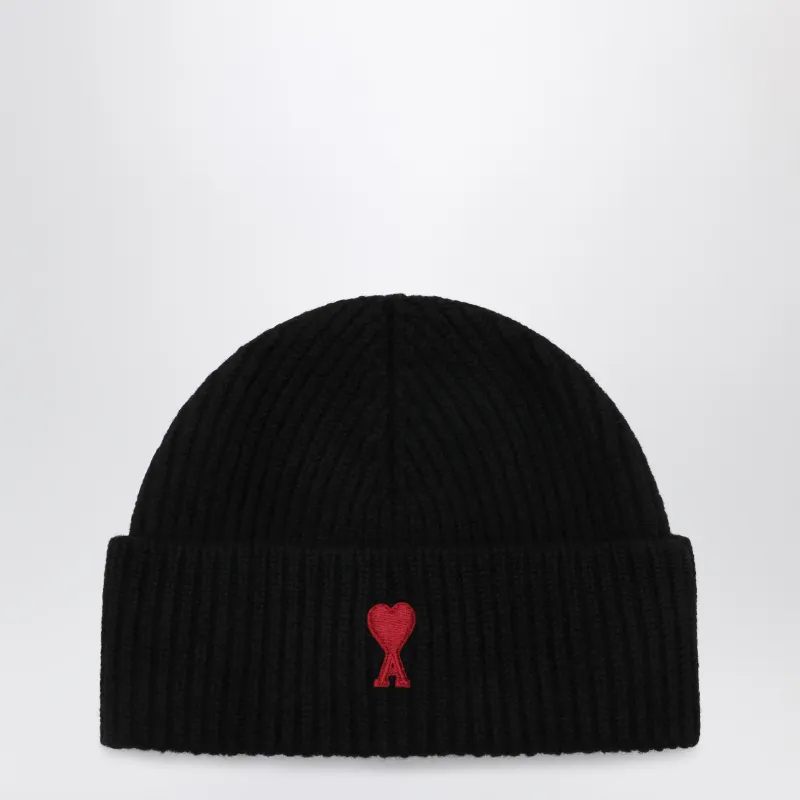 Ami Paris Black Ami de Coeur wool beanie