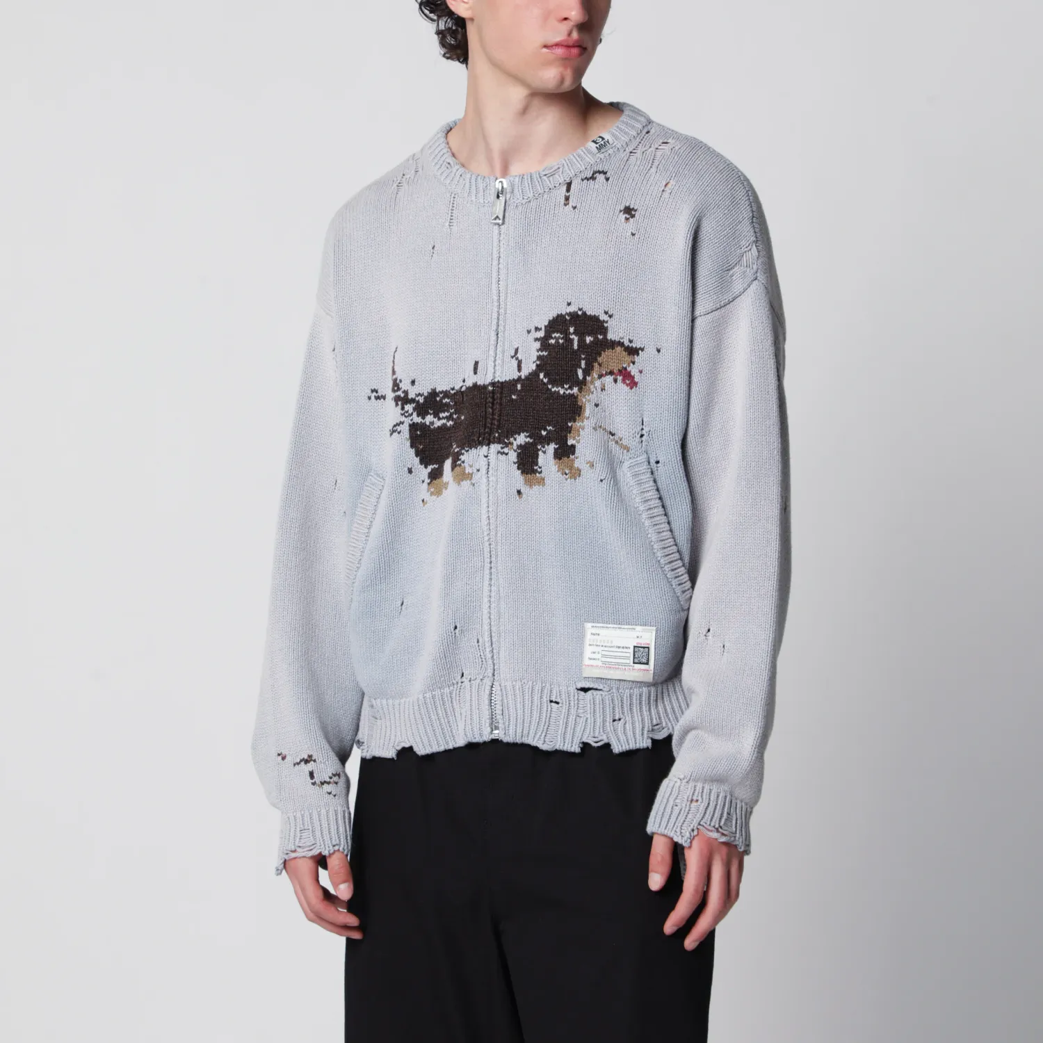 Maison MIHARA YASUHIRO Jacquard cardigan with dachshund in distressed cotton blend
