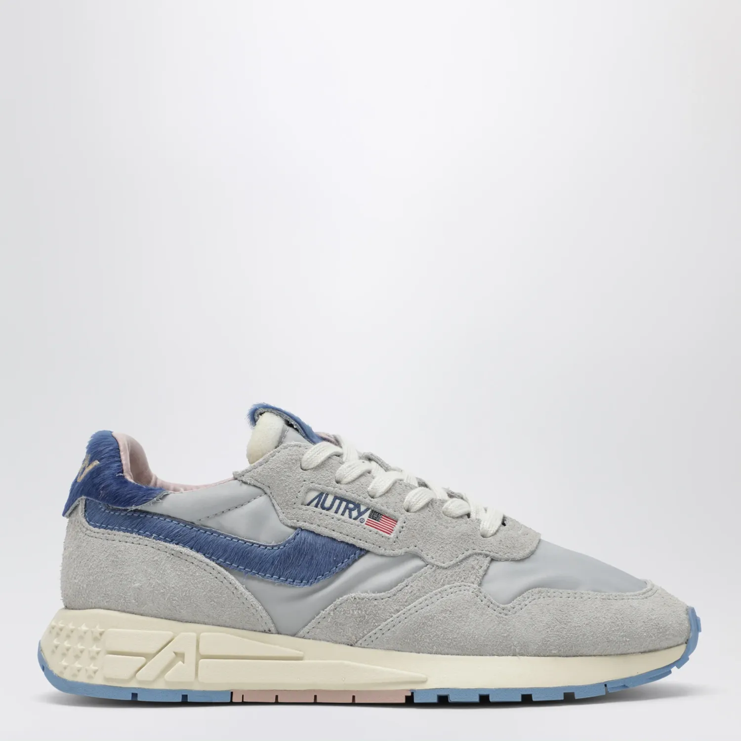 AUTRY Reelwind Low grey sneakers with light blue pony hair insert