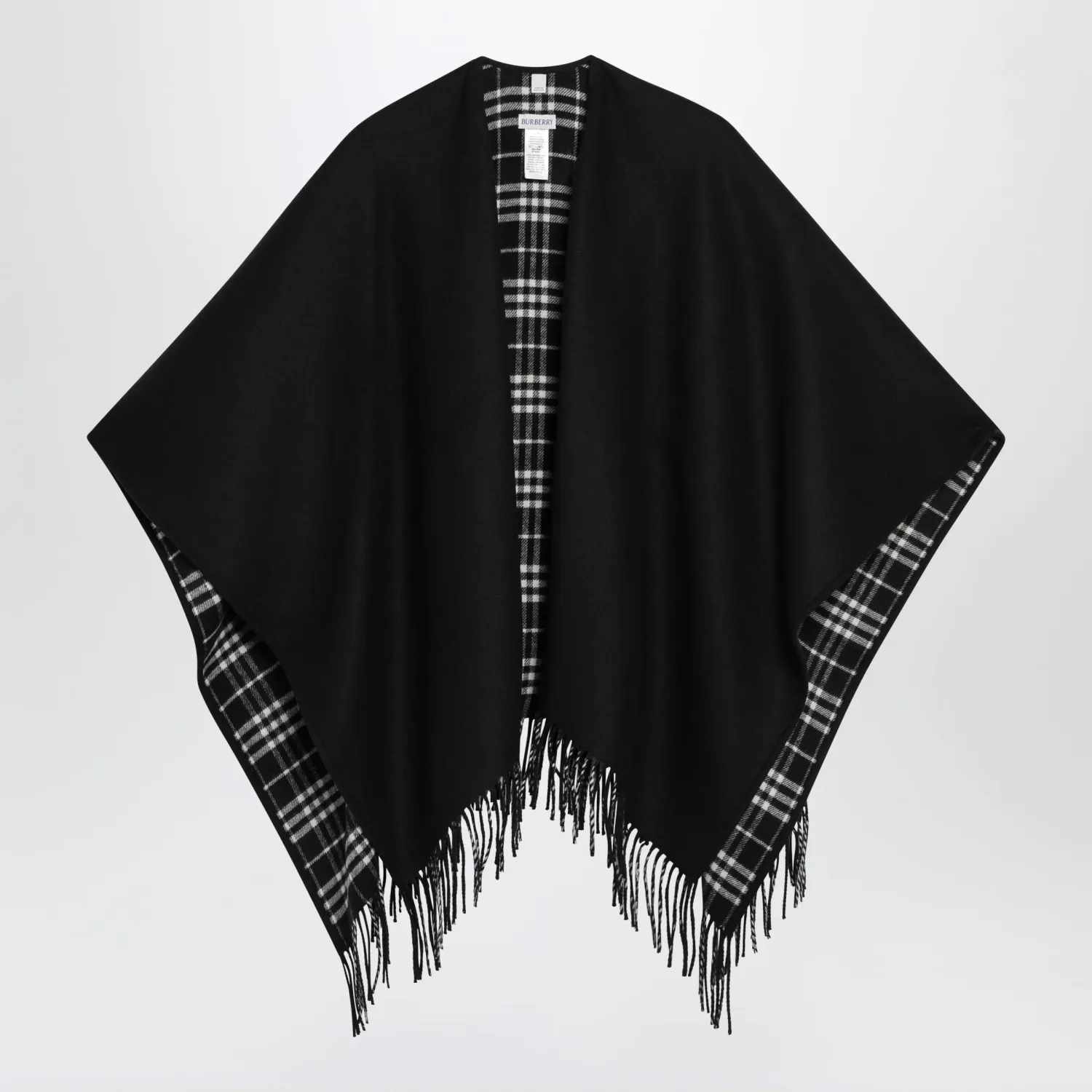 Burberry Reversible wool check cape with fringes in black