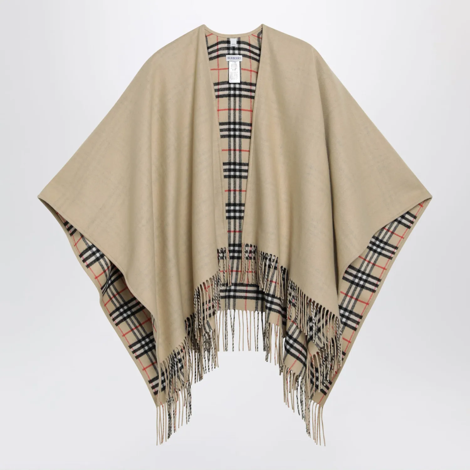 Burberry Reversible wool check cape with fringes in sand beige